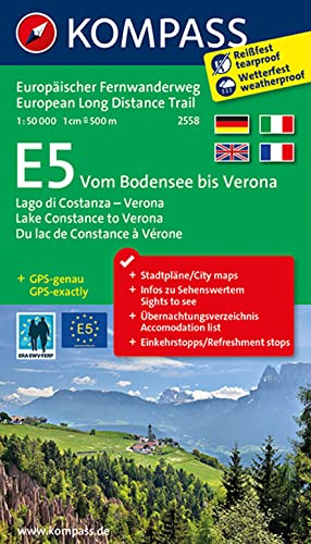 KOMPASS Wander-Tourenkarte Europäischer Fernwanderweg E5 Vom Bodensee bis Verona 1:50.000: Leporello Karte, reiß- und wetterfest von Kompass